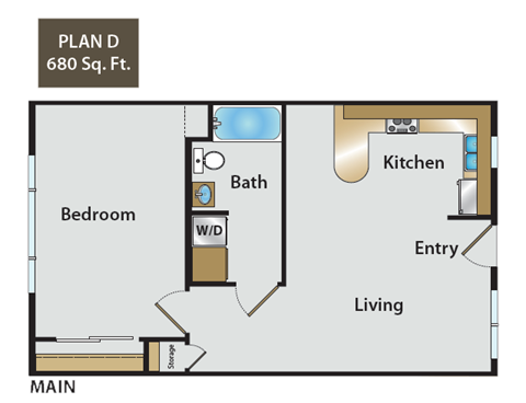 Floor plan for 1 bed, 1 bath, 680 sqft