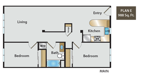 Floor plan for 2 beds, 1 bath, 920 sqft