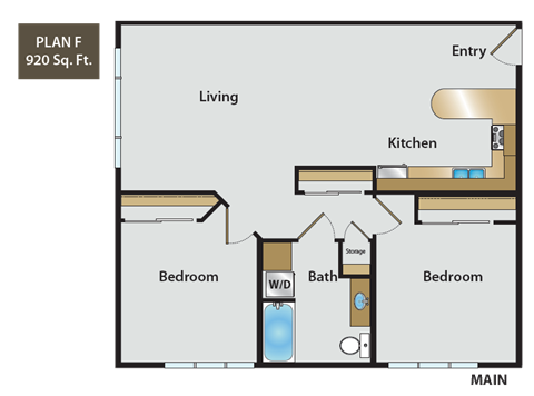 Floor plan for 2 beds, 1 bath, 988 sqft