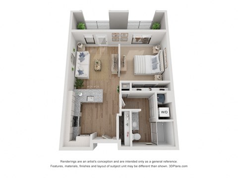Floor plan for studio, 1 bath, 637 sqft