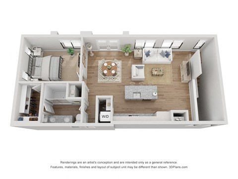 Floor plan for 1 bed, 1 bath, 992 sqft