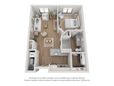 Floor plan for 1 bed, 1 bath, 694 sqft