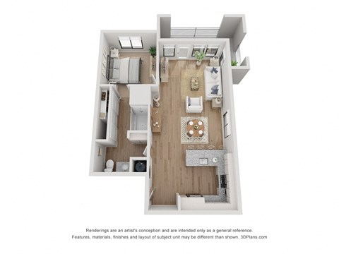 Floor plan for 1 bed, 1 bath, 836 sqft