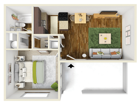 Floor plan for 1 bed, 1 bath, 527 sqft