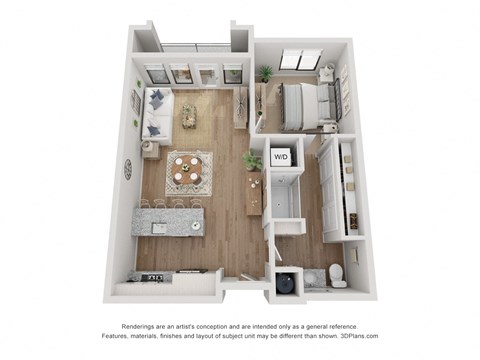 Floor plan for 1 bed, 1 bath, 755 sqft