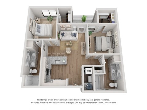 Floor plan for 2 beds, 2 baths, 968 sqft