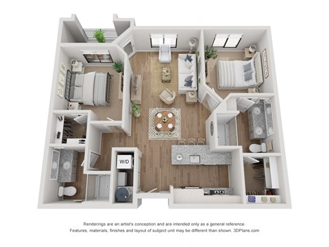 Floor plan for 2 beds, 2 baths, 1022 sqft