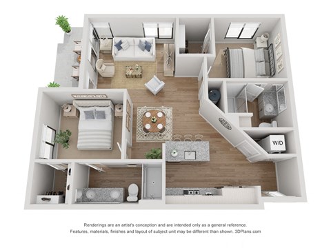 Floor plan for 2 beds, 2 baths, 1010 sqft