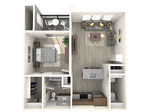 Floor plan for 1 bed, 1 bath, 679 sqft