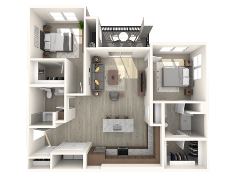 Floor plan for 2 beds, 2 baths, 1037 sqft