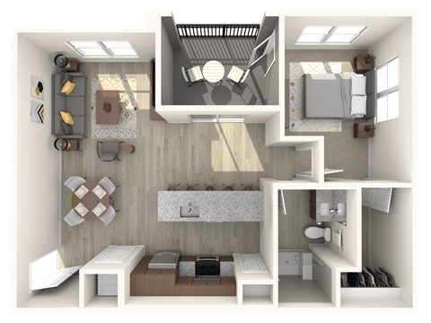 Floor plan for 1 bed, 1 bath, 742 sqft