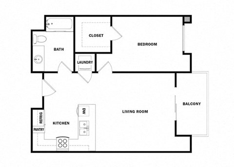 Floor plan for 1 bed, 1 bath, 629 sqft