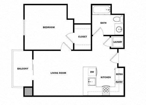 Floor plan for 1 bed, 1 bath, 667 sqft