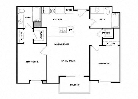 Floor plan for 2 beds, 2 baths, 1030 sqft