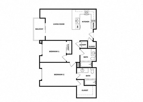 Floor plan for 2 beds, 2 baths, 1049 sqft