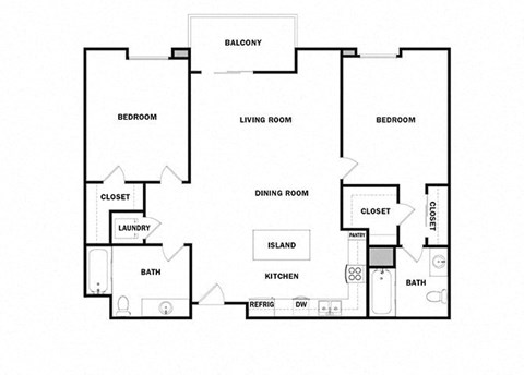 Floor plan for 2 beds, 2 baths, 1001 sqft