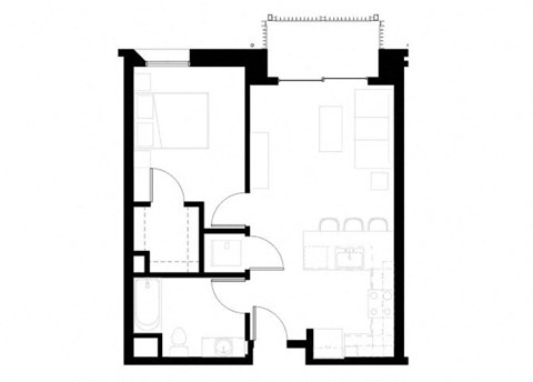 Floor plan for 1 bed, 1 bath, 629 sqft