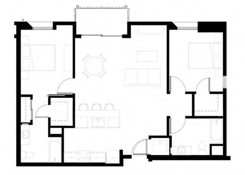 Floor plan for 2 beds, 2 baths, 957 sqft