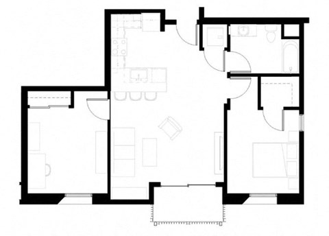 Floor plan for 2 beds, 1 bath, 891 sqft