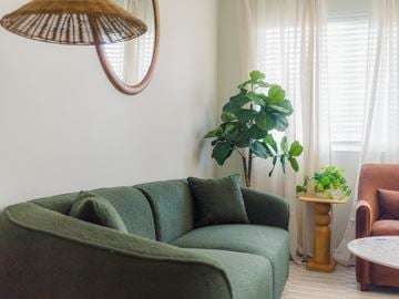 Lacey apartment for rent - A living room with a green couch and a potted plant.