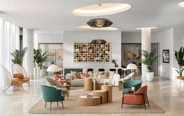 Miami apartment for rent - A modern living room with a large abstract painting on the wall.