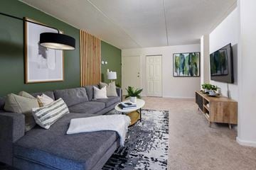 Wilmington apartment for rent - A living room with a grey couch and a black and white rug.
