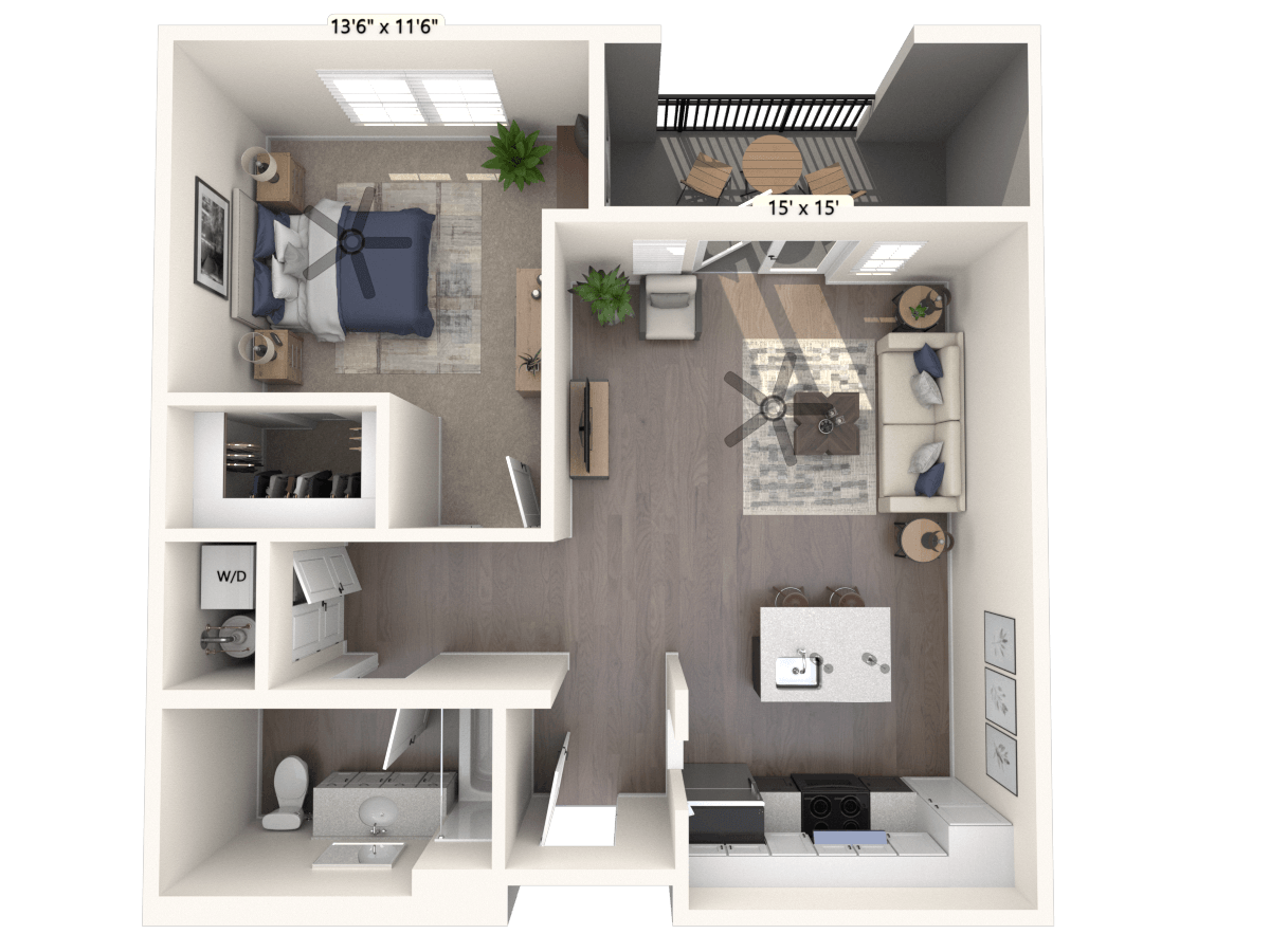 Floor plan for 1 bed, 1 bath, 646 sqft