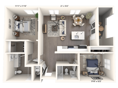 Floor plan for 2 beds, 2 baths, 895 sqft
