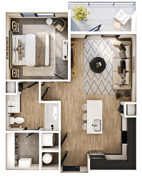 Floor plan for 1 bed, 1 bath, 708 sqft