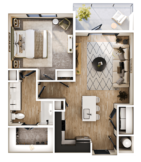 Floor plan for 1 bed, 1 bath, 766 sqft