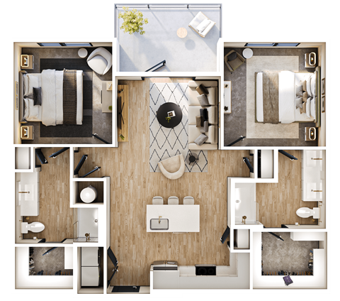 Floor plan for 2 beds, 2 baths, 1087 sqft