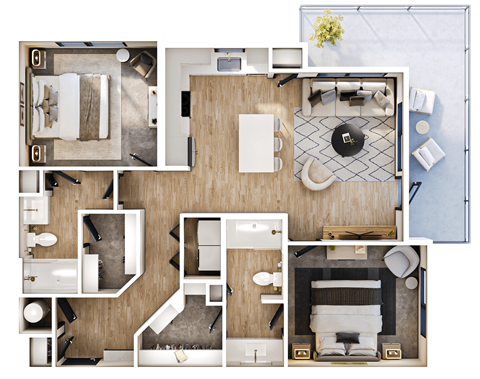 Floor plan for 2 beds, 2 baths, 1118 sqft