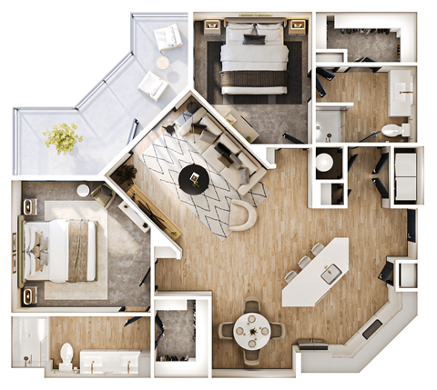 Floor plan for 2 beds, 2 baths, 1230 sqft