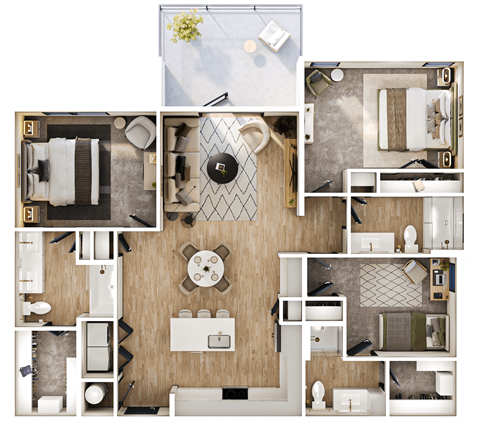 Floor plan for 3 beds, 3 baths, 1378 sqft