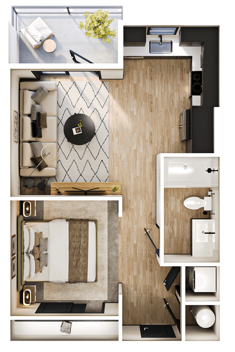 Floor plan for studio, 1 bath, 563 sqft