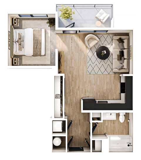 Floor plan for studio, 1 bath, 627 sqft