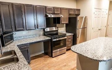 Gulf Shores apartment for rent - A kitchen with black cabinets and stainless steel appliances.