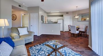 Cedar Park apartment for rent - A living room with a grey couch and a blue rug.
