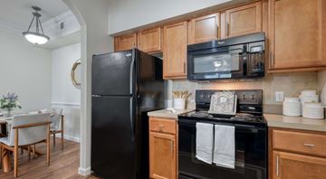 Corpus Christi apartment for rent - A black refrigerator and microwave in a kitchen with wooden cabinets.