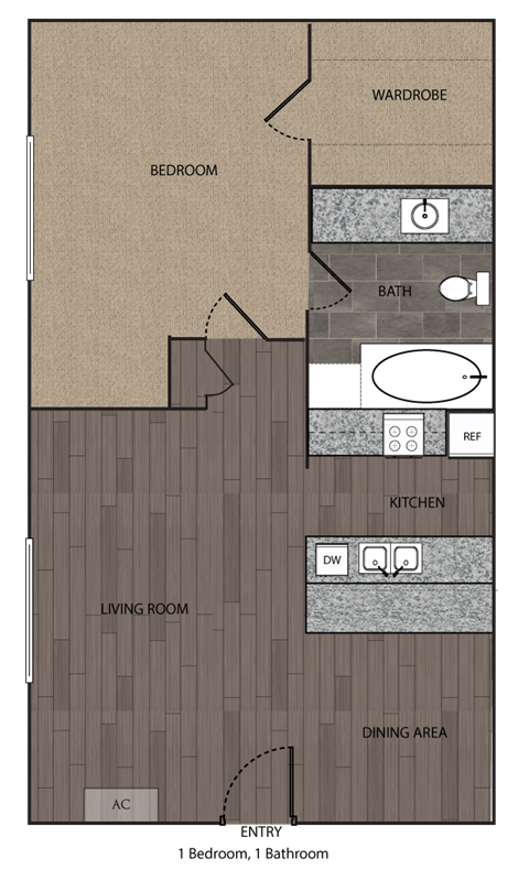 Floor plan for 1 bed, 1 bath, 600 sqft