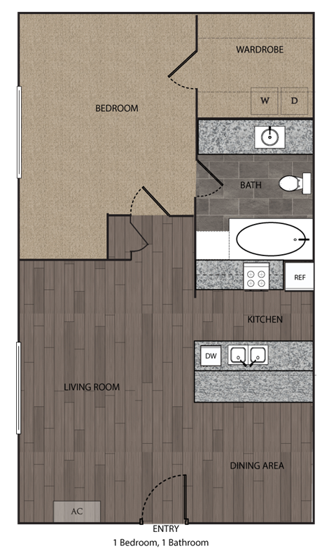 Floor plan for 1 bed, 1 bath, 600 sqft