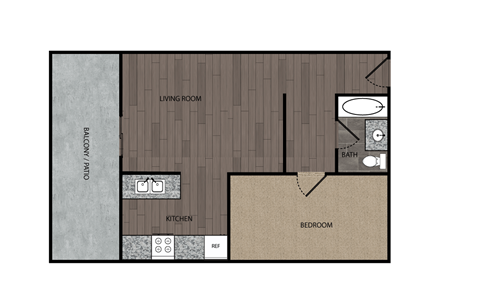Floor plan for 1 bed, 1 bath, 750 sqft