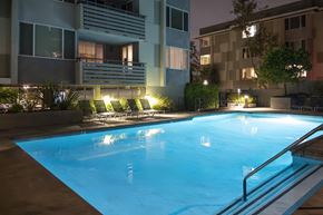 Marina Del Rey apartment for rent - A swimming pool in a residential area at night.
