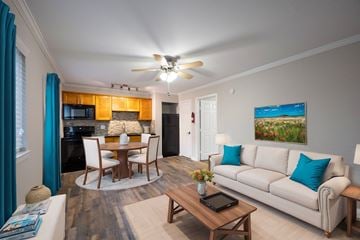 Houston apartment for rent - A living room with a white couch and a wooden coffee table.