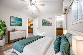 Houston apartment for rent - A bedroom with a large bed and a ceiling fan.