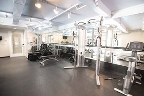 Los Angeles apartment for rent - A gym with a variety of equipment including a squat rack, bench, and weights.