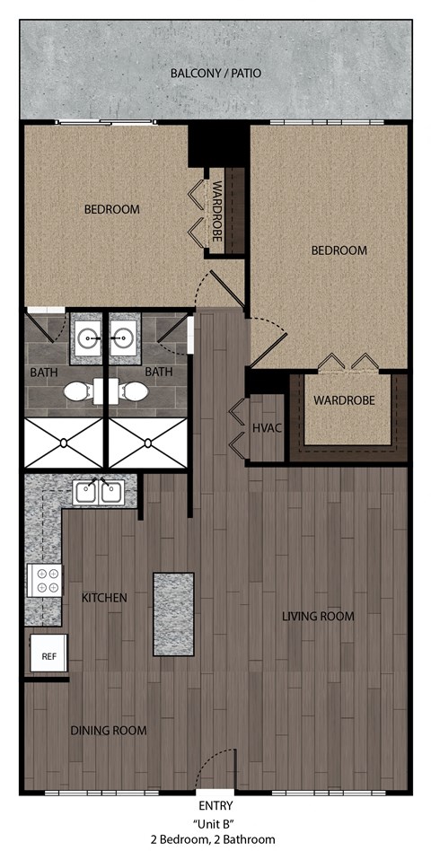 Floor plan for 2 beds, 2 baths, 1122 sqft