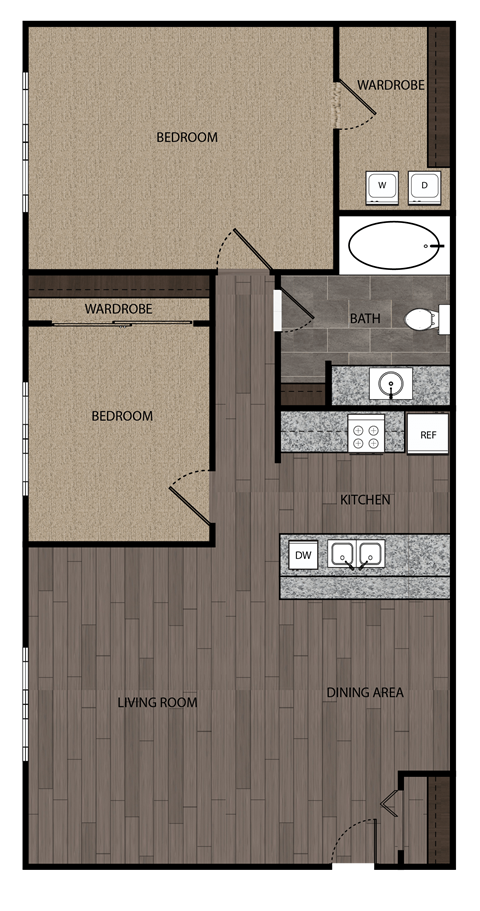 Floor plan for 2 beds, 1 bath, 740 sqft