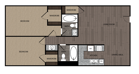 Floor plan for 2 beds, 2 baths, 950 sqft