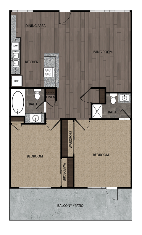 Floor plan for 2 beds, 2 baths, 850 sqft
